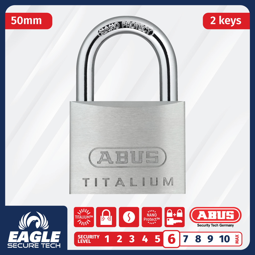 ABUS Titalium Padlock With Long Shackle - 50mm Security Lock Keyed KA6512